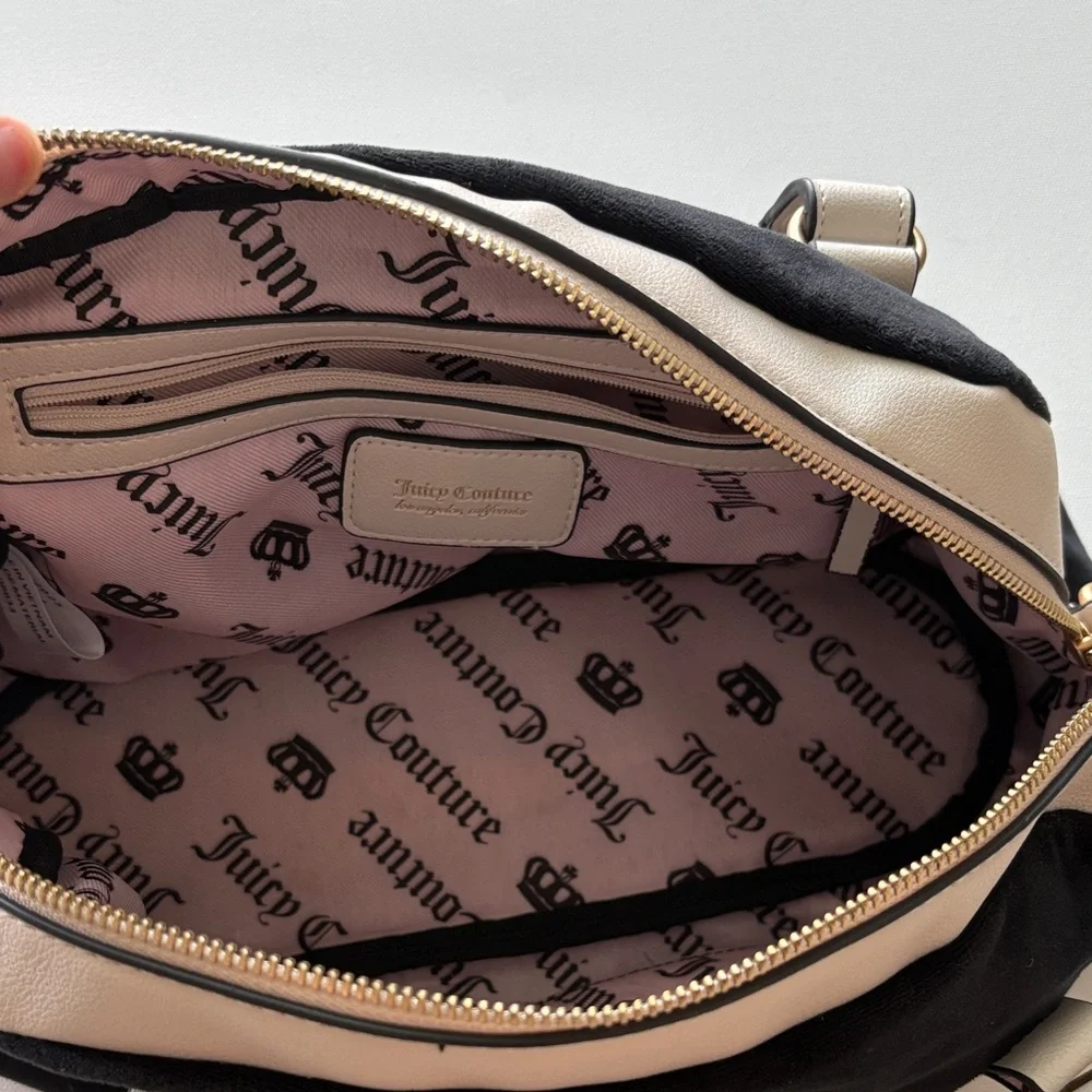 Juicy Couture Black Velour Satchel Bag White Trim Gold Crown Logo